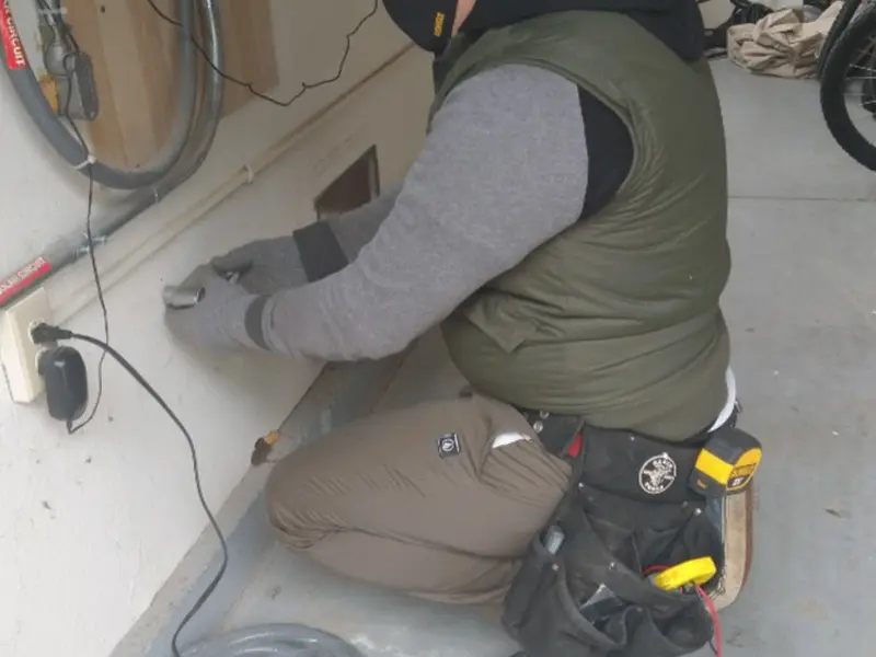 Electrician performing outlet wiring in a Fairburn garage